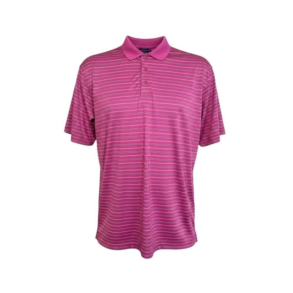 Greg Norman Polo Shirt Medium Pink Striped Play Dry Performance Golf Mens